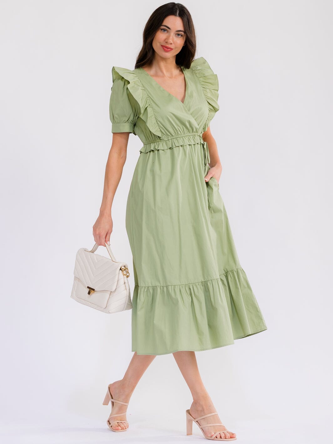 WOMEN'S SHORT SLEEVE SURPLICE ELASTIC WAIST FRONT POCKETS TIERED MAXI DRESS