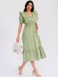 WOMEN'S SHORT SLEEVE SURPLICE ELASTIC WAIST FRONT POCKETS TIERED MAXI DRESS