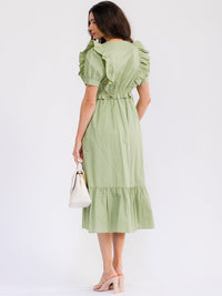 WOMEN'S SHORT SLEEVE SURPLICE ELASTIC WAIST FRONT POCKETS TIERED MAXI DRESS