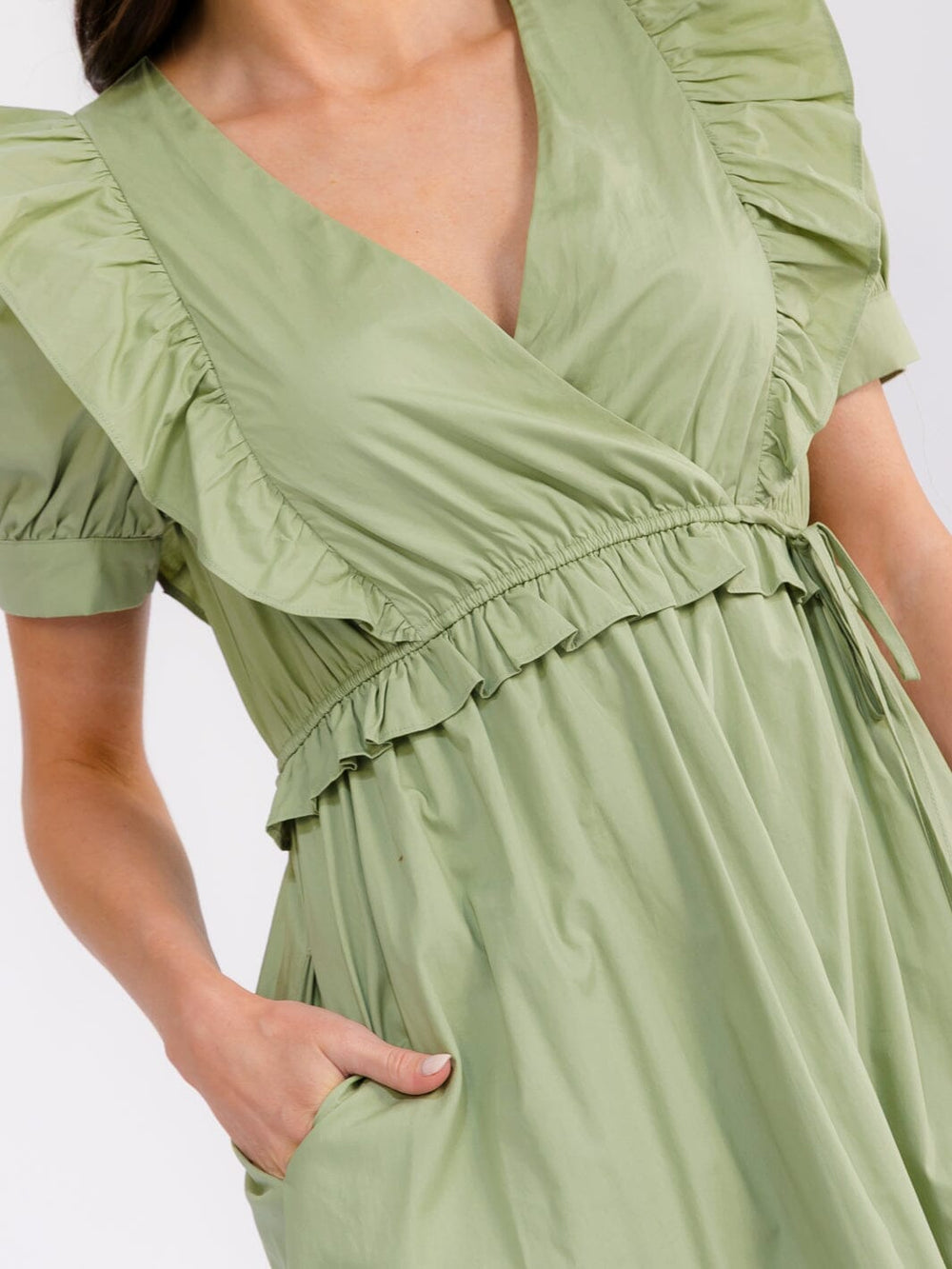 WOMEN'S SHORT SLEEVE SURPLICE ELASTIC WAIST FRONT POCKETS TIERED MAXI DRESS