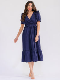 WOMEN'S SHORT SLEEVE SURPLICE ELASTIC WAIST FRONT POCKETS TIERED MAXI DRESS