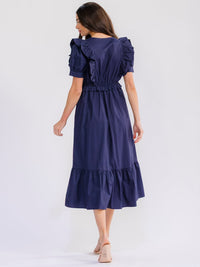 WOMEN'S SHORT SLEEVE SURPLICE ELASTIC WAIST FRONT POCKETS TIERED MAXI DRESS