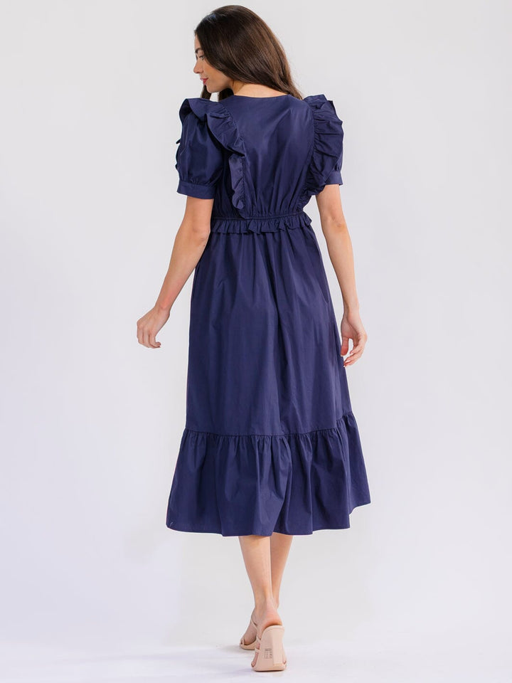 WOMEN'S SHORT SLEEVE SURPLICE ELASTIC WAIST FRONT POCKETS TIERED MAXI DRESS