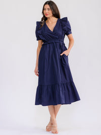 WOMEN'S SHORT SLEEVE SURPLICE ELASTIC WAIST FRONT POCKETS TIERED MAXI DRESS