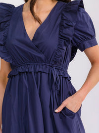 WOMEN'S SHORT SLEEVE SURPLICE ELASTIC WAIST FRONT POCKETS TIERED MAXI DRESS