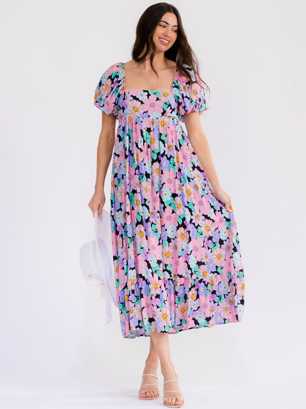 WOMEN'S SHORT PUFF SLEEVE SQUARE NECK FLORAL MAXI DRESS