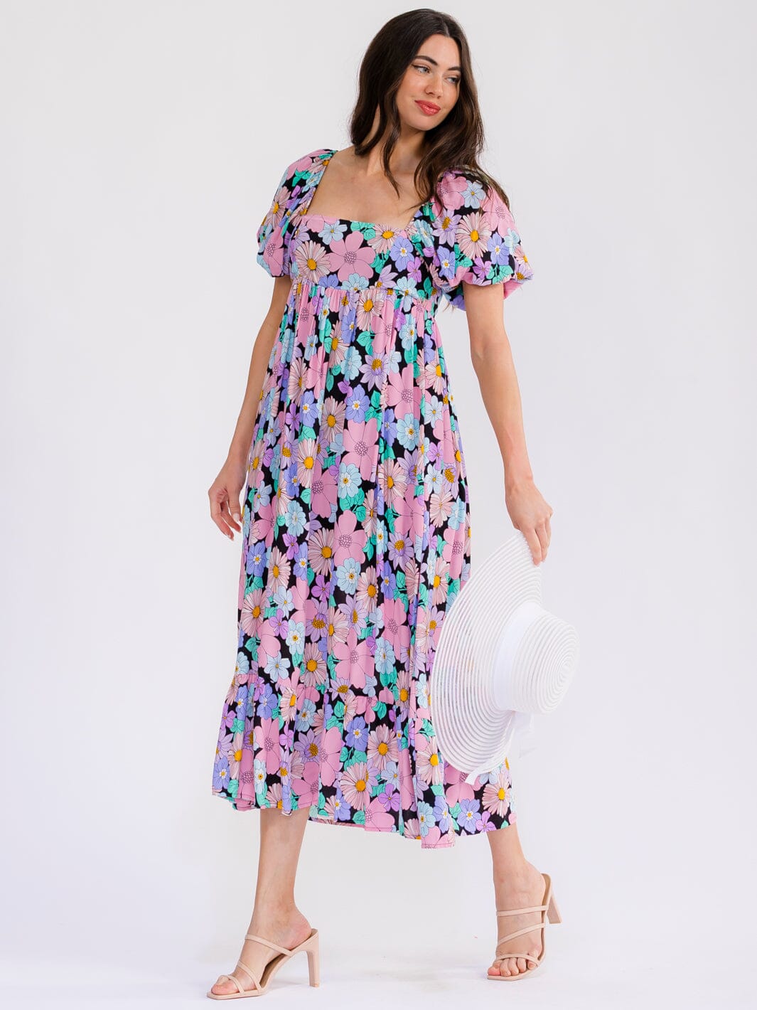 WOMEN'S SHORT PUFF SLEEVE SQUARE NECK FLORAL MAXI DRESS