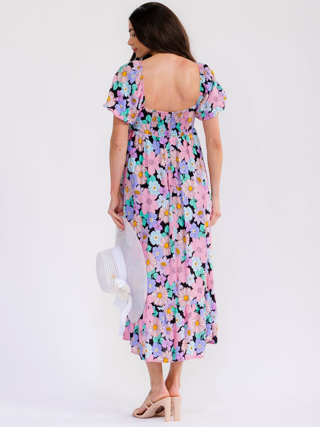 WOMEN'S SHORT PUFF SLEEVE SQUARE NECK FLORAL MAXI DRESS