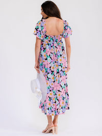 WOMEN'S SHORT PUFF SLEEVE SQUARE NECK FLORAL MAXI DRESS
