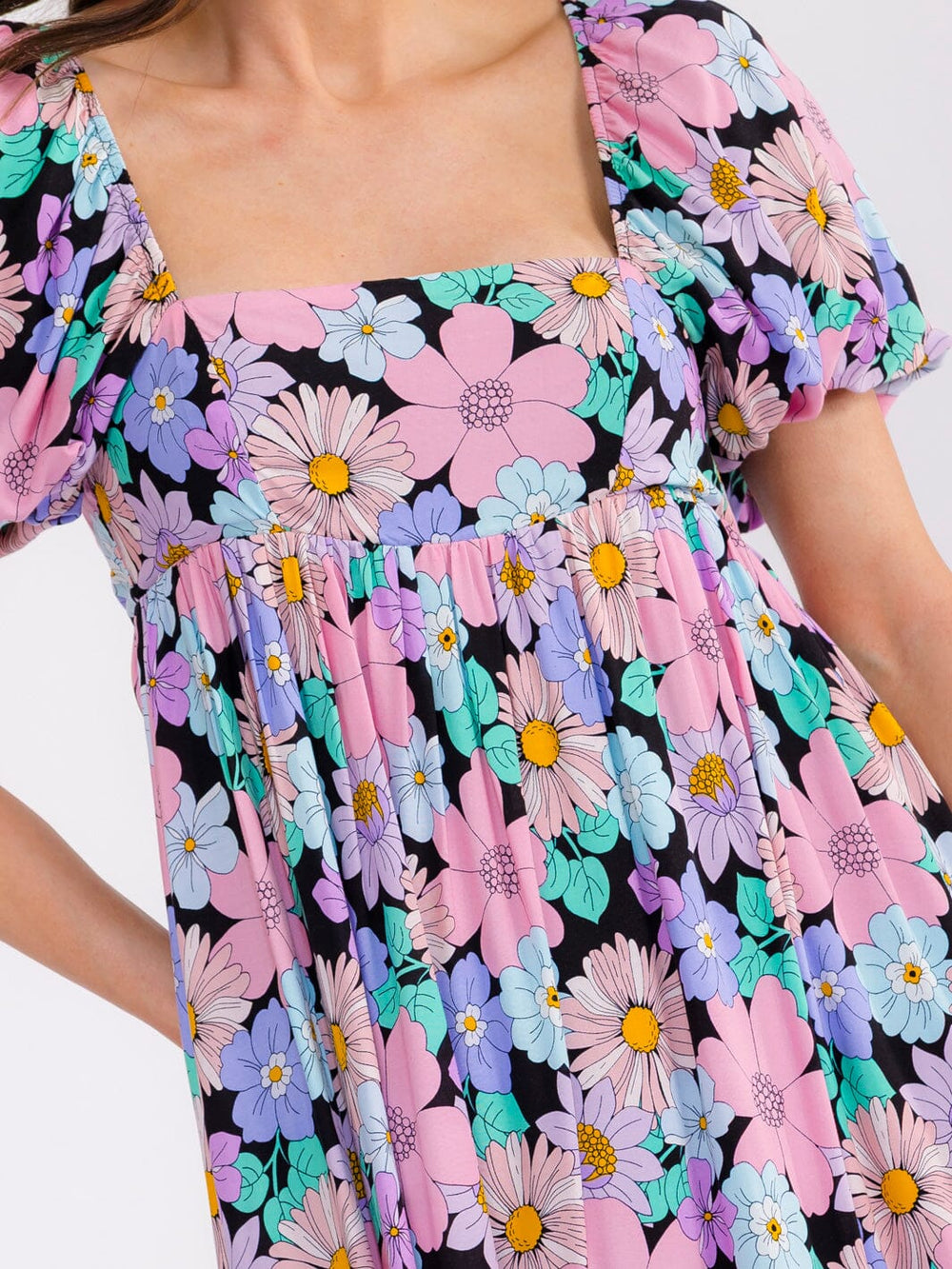 WOMEN'S SHORT PUFF SLEEVE SQUARE NECK FLORAL MAXI DRESS