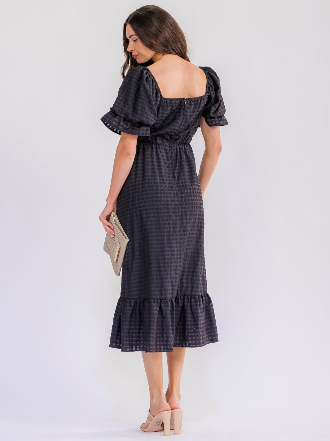 WOMEN'S SHORT PUFF SLEEVE SQUARE NECK FRONT POCKETS TIERED MAXI DRESS