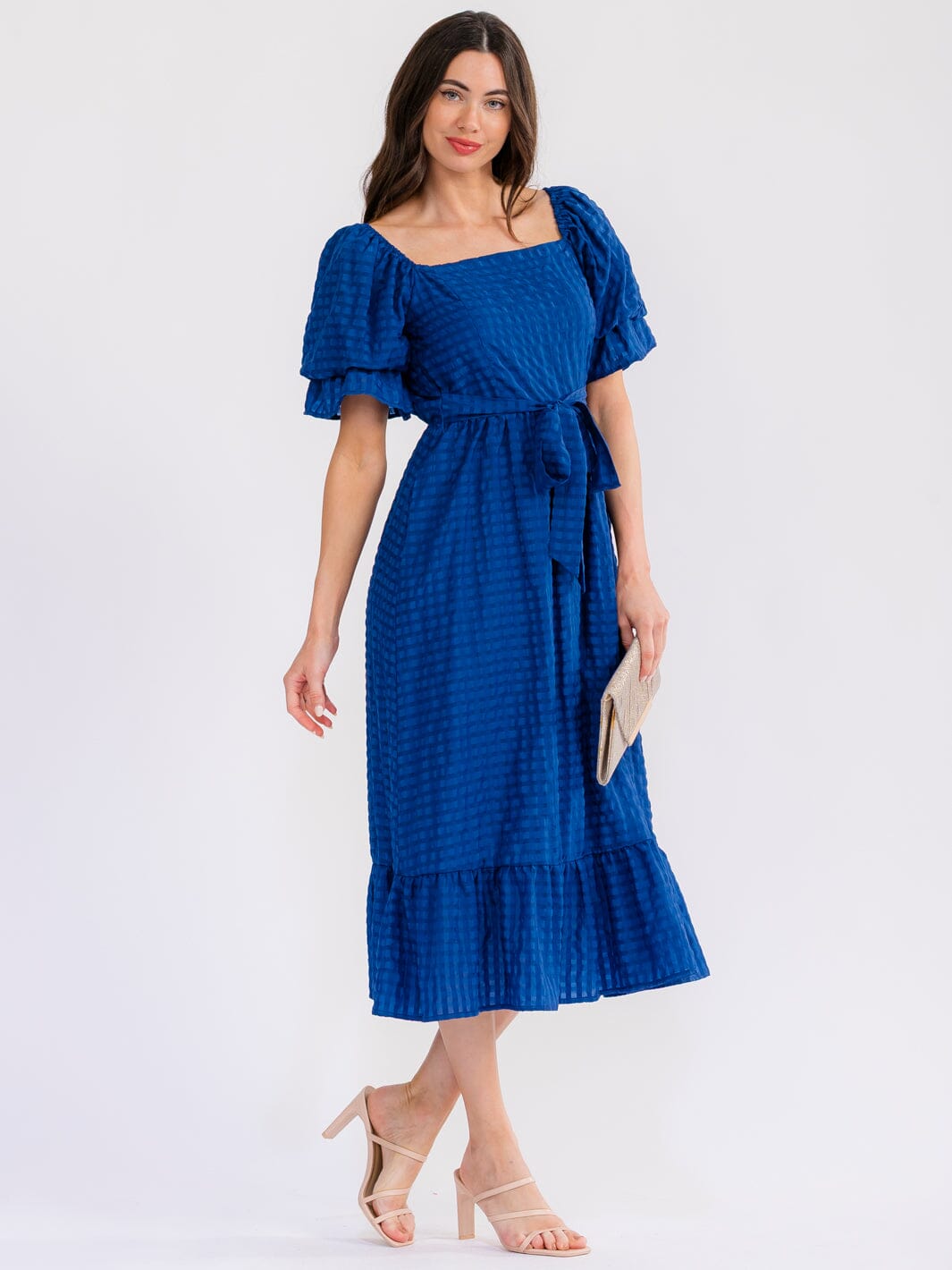 WOMEN'S SHORT PUFF SLEEVE SQUARE NECK FRONT POCKETS TIERED MAXI DRESS