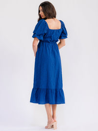 WOMEN'S SHORT PUFF SLEEVE SQUARE NECK FRONT POCKETS TIERED MAXI DRESS