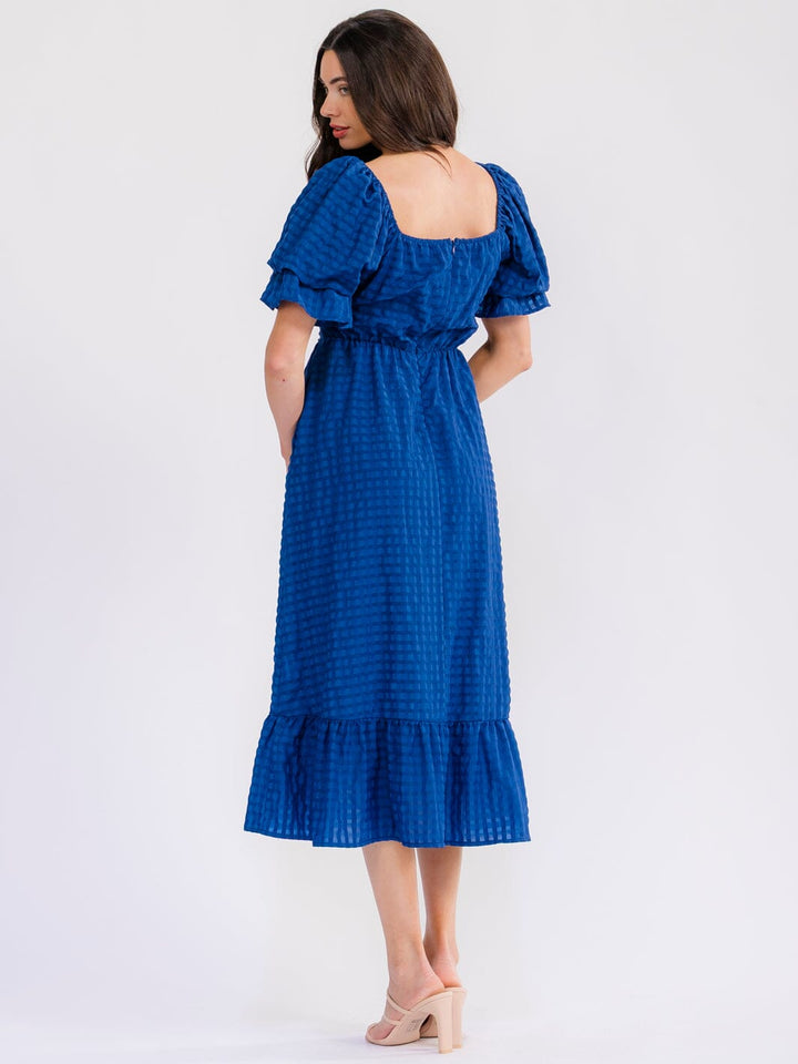 WOMEN'S SHORT PUFF SLEEVE SQUARE NECK FRONT POCKETS TIERED MAXI DRESS