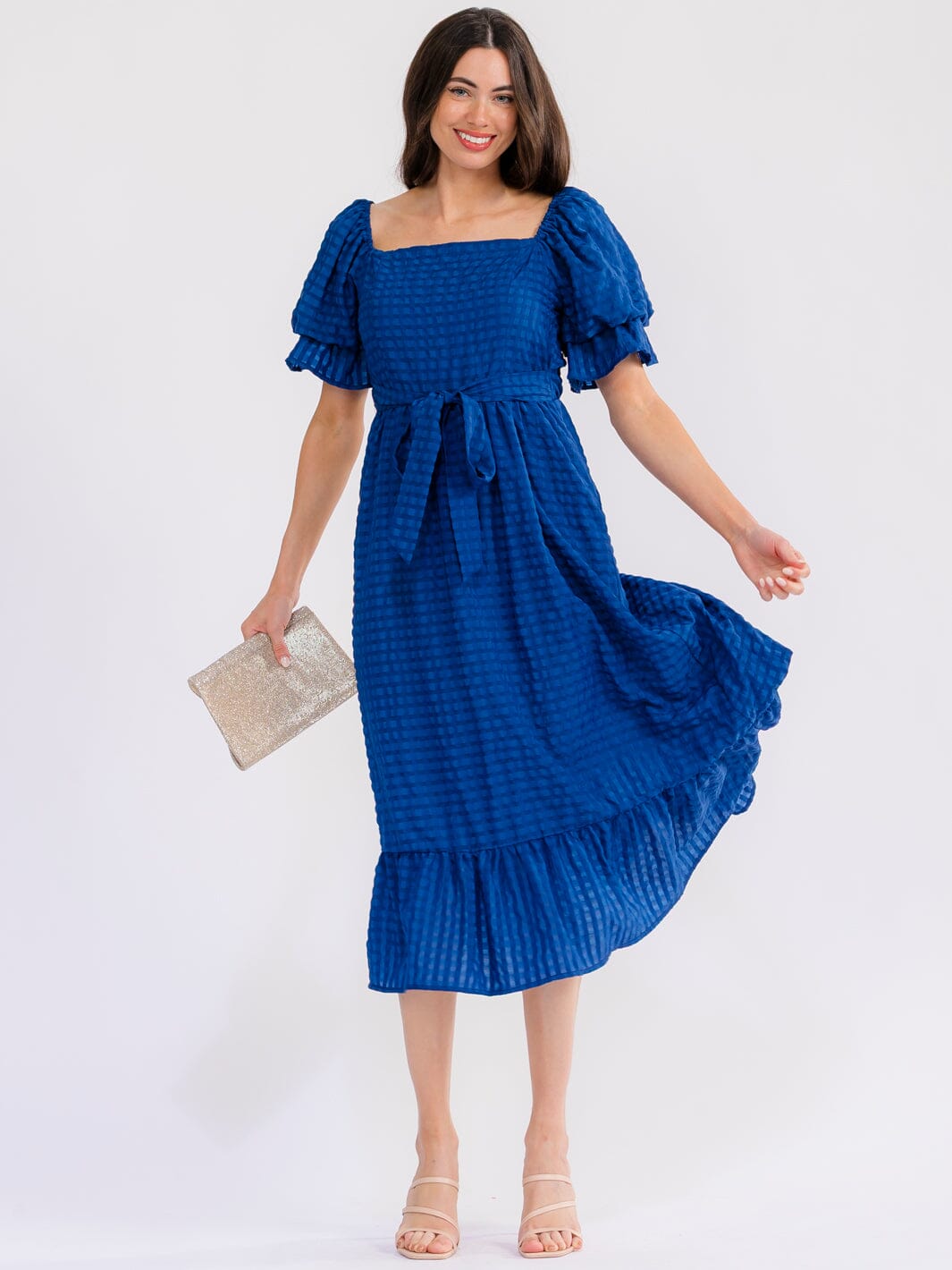 WOMEN'S SHORT PUFF SLEEVE SQUARE NECK FRONT POCKETS TIERED MAXI DRESS