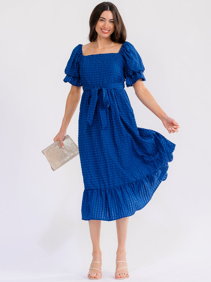 WOMEN'S SHORT PUFF SLEEVE SQUARE NECK FRONT POCKETS TIERED MAXI DRESS