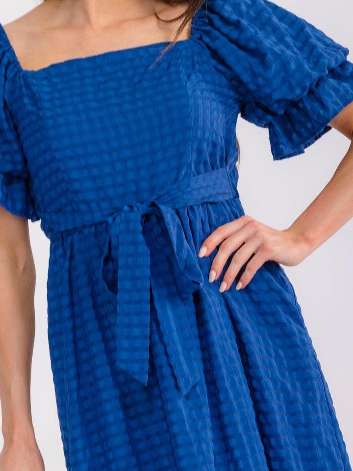 WOMEN'S SHORT PUFF SLEEVE SQUARE NECK FRONT POCKETS TIERED MAXI DRESS