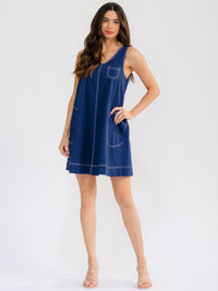 WOMEN'S SLEEVELESS FRONT POCKETS LOOSE FIT DENIM MINI DRESS