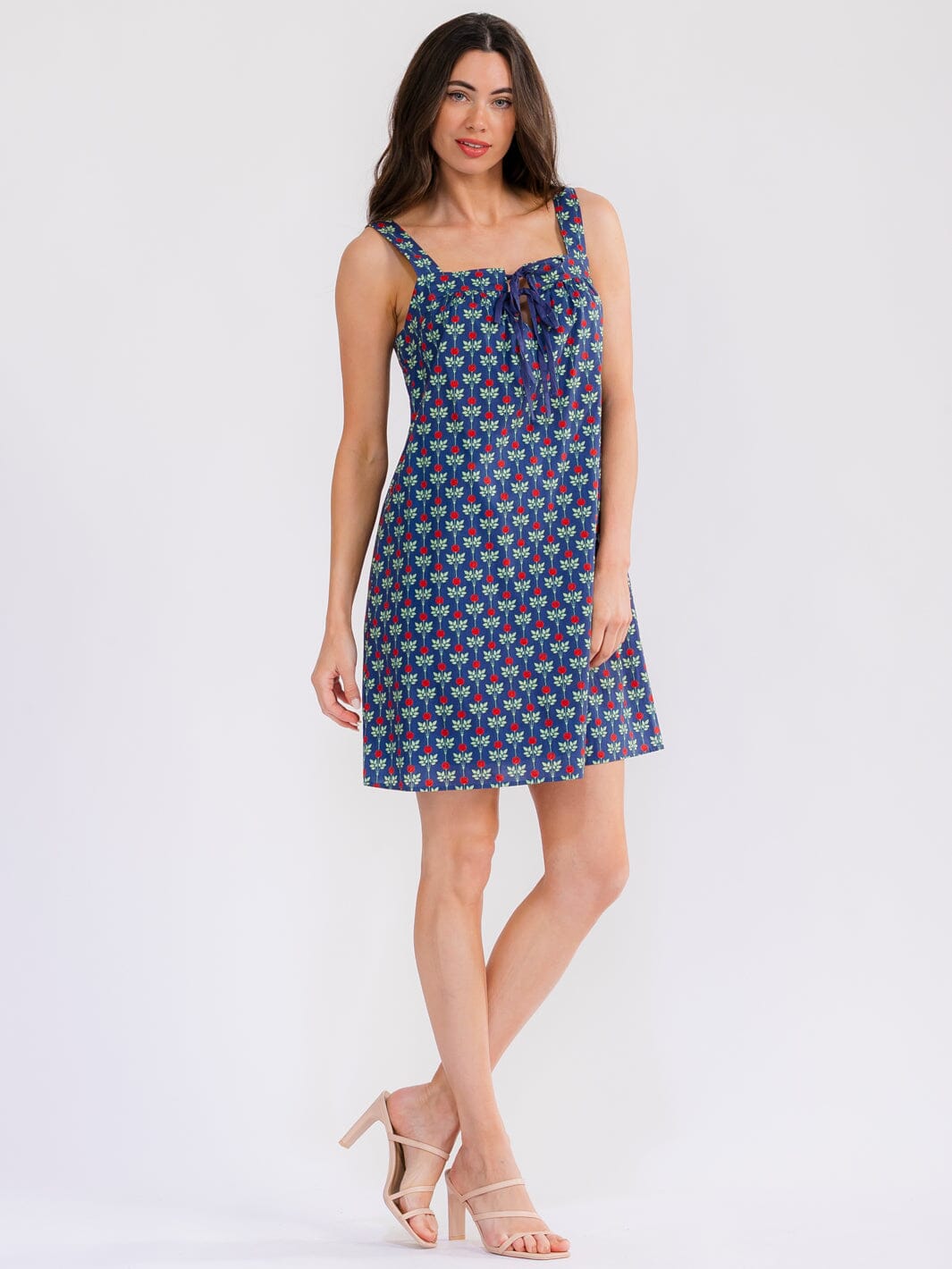 WOMEN'S SLEEVELESS FRONT POCKETS LACE UP FLORAL MINI DRESS