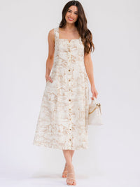 WOMEN'S SLEEVELESS SQUARE NECK BUTTON UP FRONT POCKETS MULTI PRINT MAXI DRESS