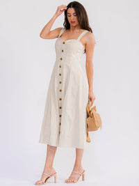 WOMEN'S SLEEVELESS BUTTON CLOSURE FLARE DENIM MAXI DRESS