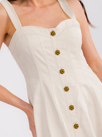 WOMEN'S SLEEVELESS BUTTON CLOSURE FLARE DENIM MAXI DRESS