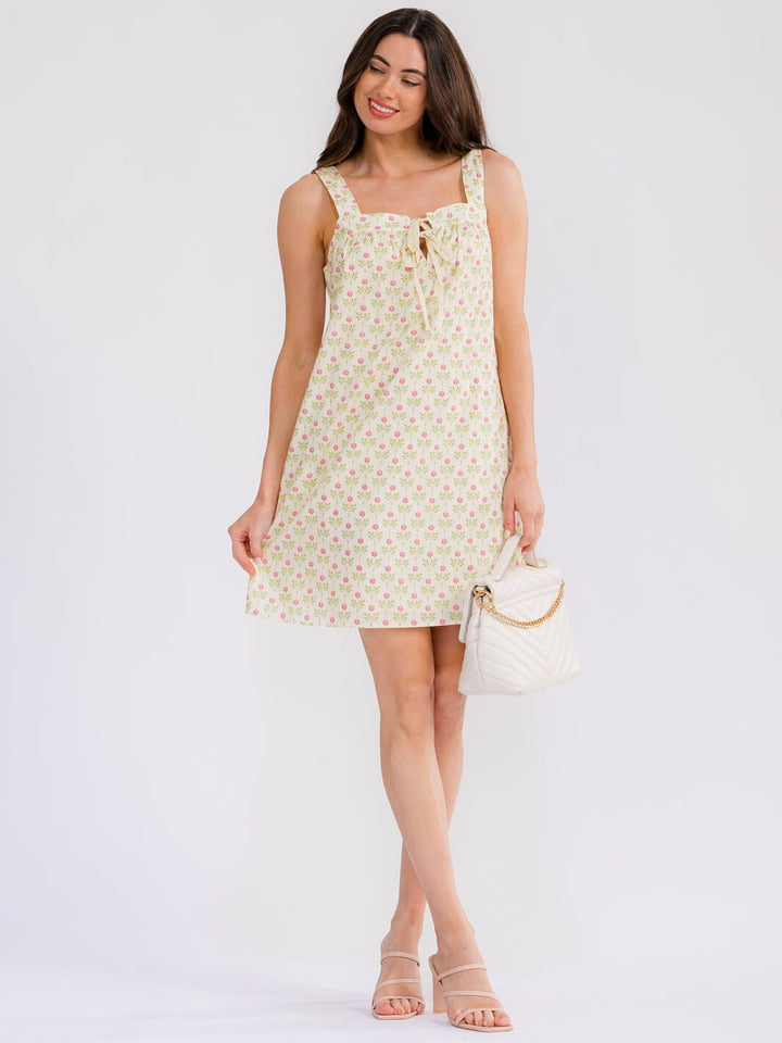 WOMEN'S SLEEVELESS FRONT POCKETS LACE UP FLORAL MINI DRESS