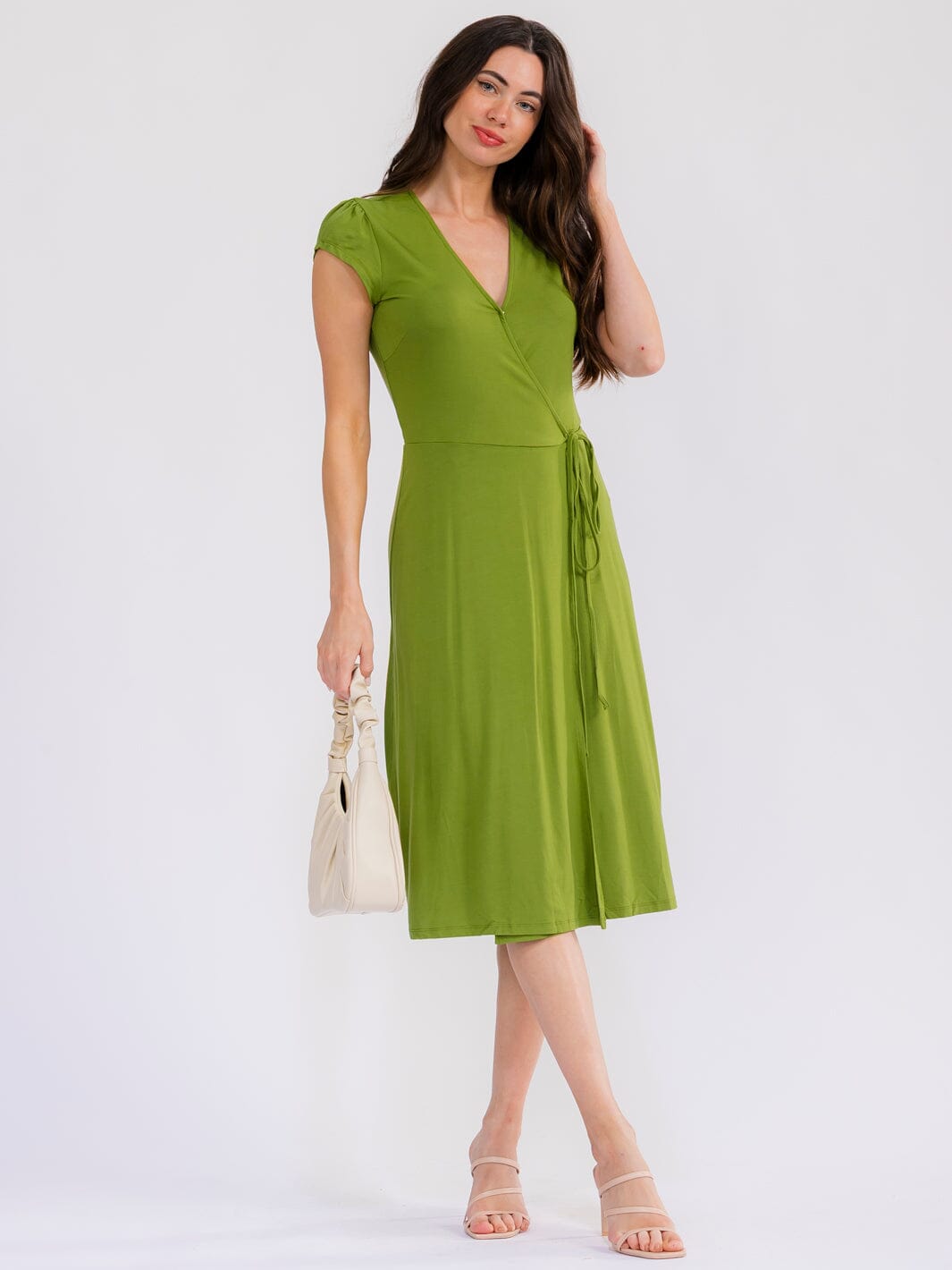 WOMEN'S SHORT SLEEVE SELF TIE V-NECK WRAP MIDI DRESS