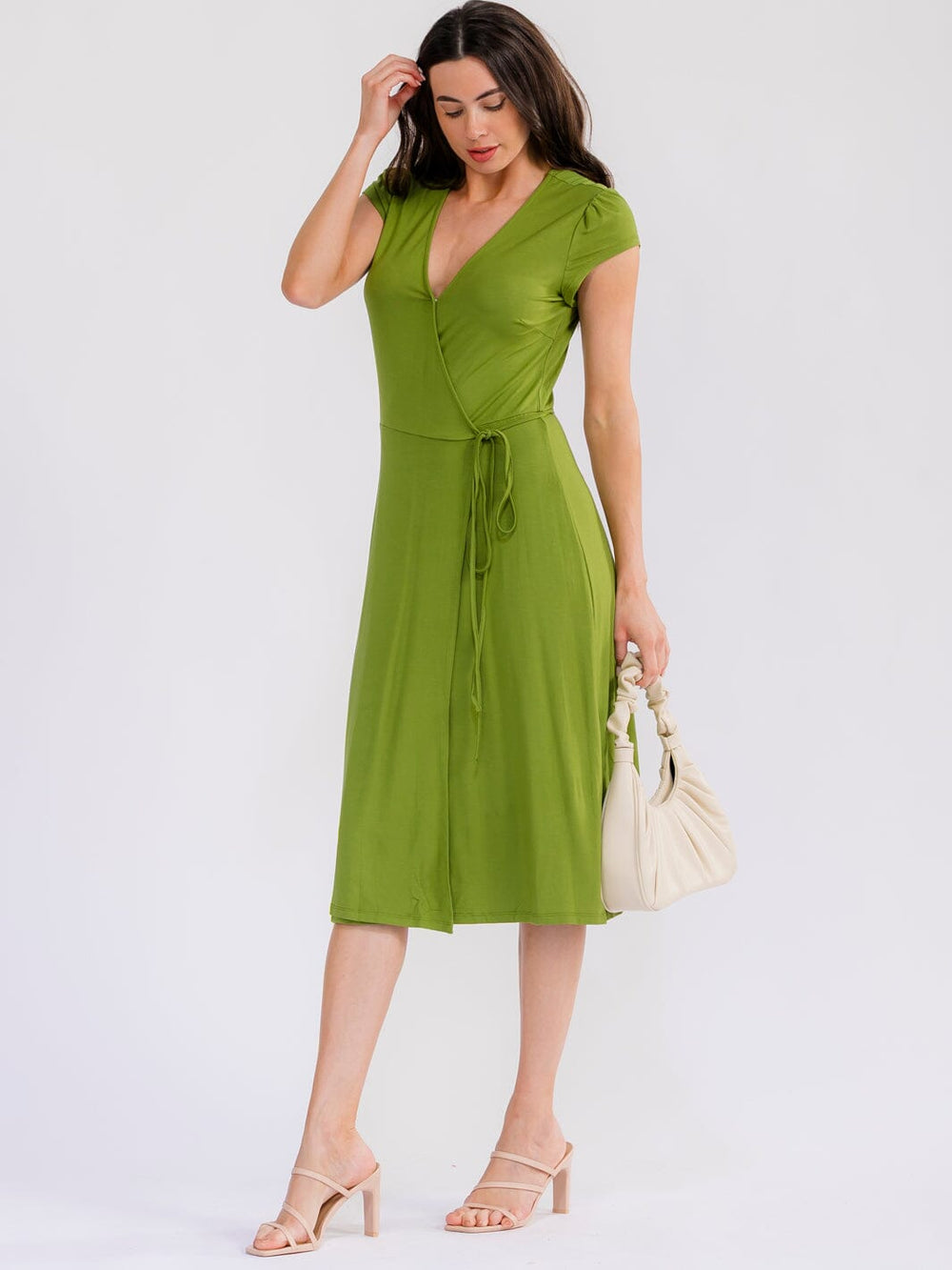 WOMEN'S SHORT SLEEVE SELF TIE V-NECK WRAP MIDI DRESS