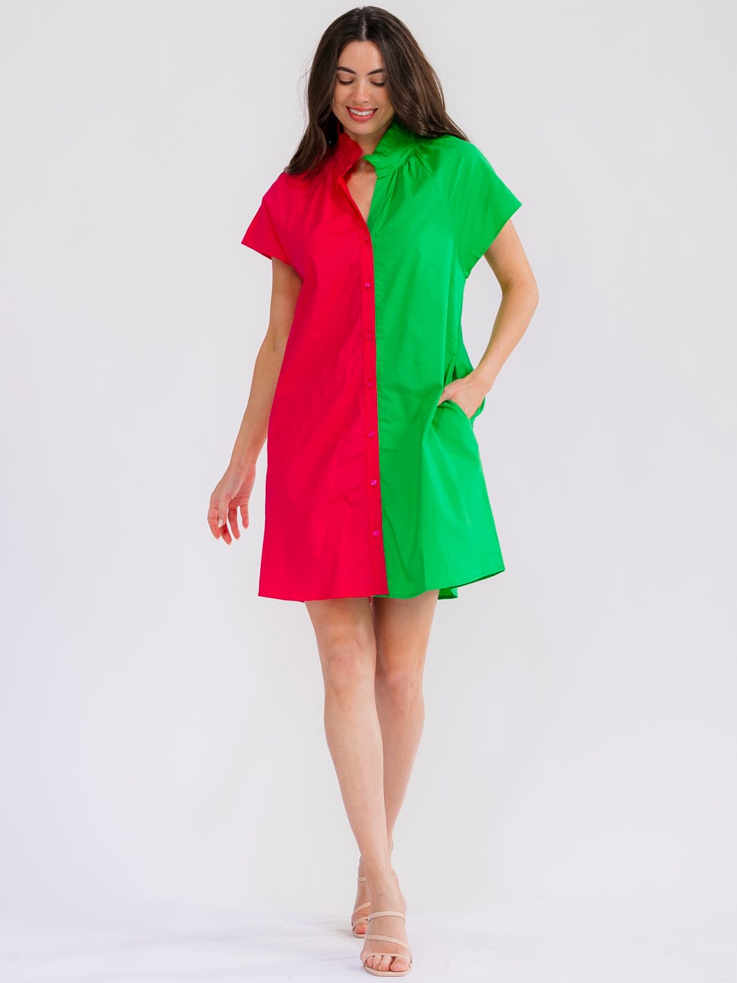 WOMEN'S SHORT SLEEVE BUTTON UP FRONT POCKETS COLORBLOCK MINI DRESS