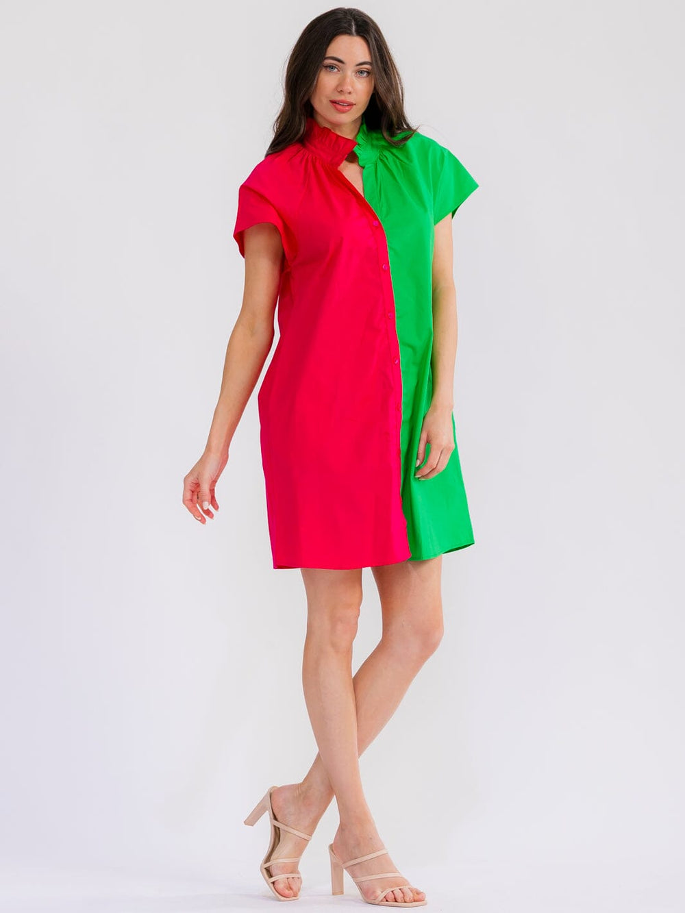 WOMEN'S SHORT SLEEVE BUTTON UP FRONT POCKETS COLORBLOCK MINI DRESS