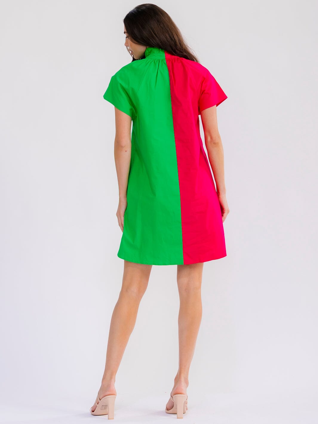 WOMEN'S SHORT SLEEVE BUTTON UP FRONT POCKETS COLORBLOCK MINI DRESS