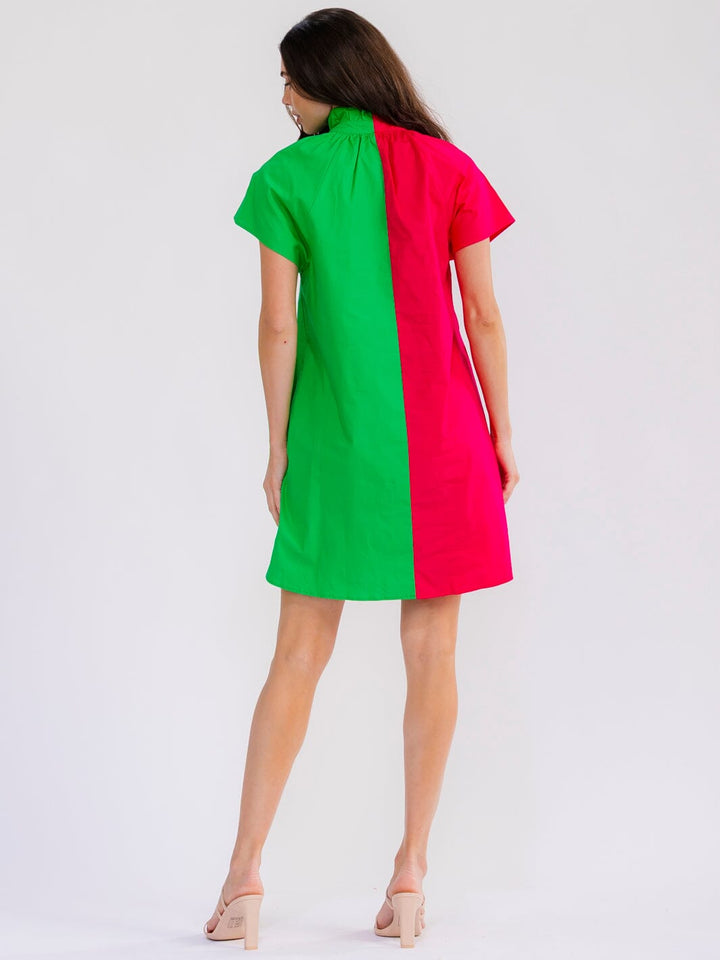 WOMEN'S SHORT SLEEVE BUTTON UP FRONT POCKETS COLORBLOCK MINI DRESS