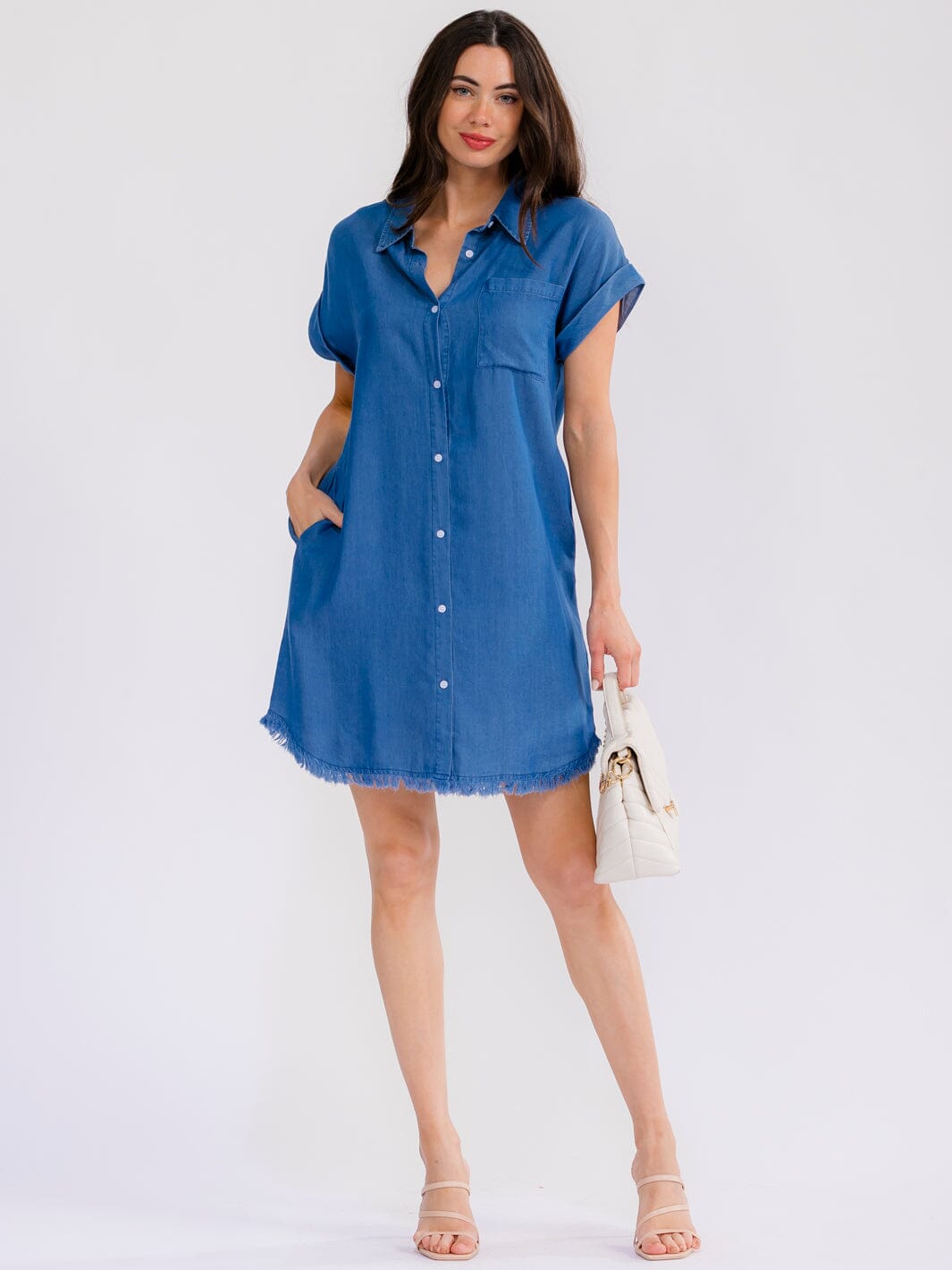 WOMEN'S SHORT SLEEVE BUTTON UP FRONT POCKETS CHAMBRAY MINI DRESS