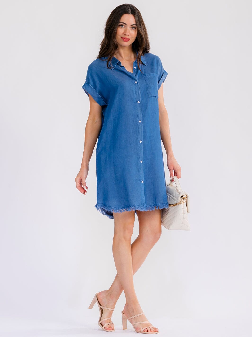 WOMEN'S SHORT SLEEVE BUTTON UP FRONT POCKETS CHAMBRAY MINI DRESS