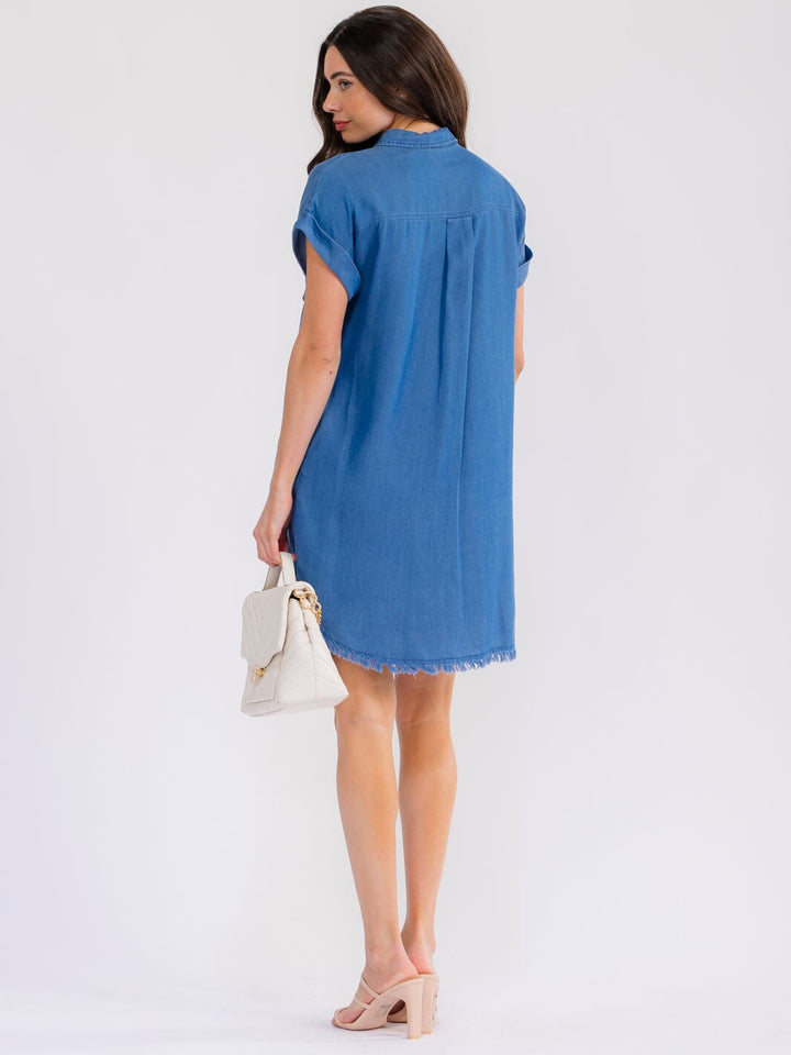 WOMEN'S SHORT SLEEVE BUTTON UP FRONT POCKETS CHAMBRAY MINI DRESS