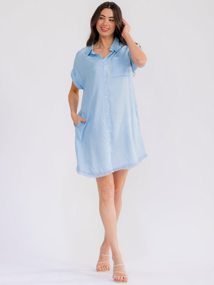 WOMEN'S SHORT SLEEVE BUTTON UP FRONT POCKETS CHAMBRAY MINI DRESS