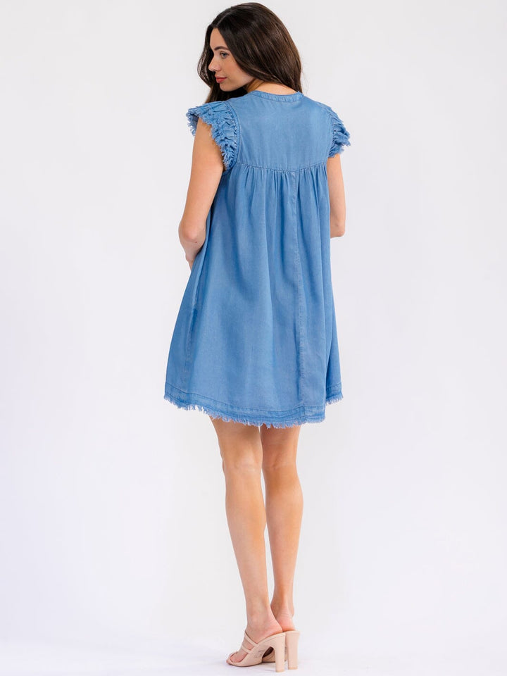 WOMEN'S RUFFLE SLEEVE V-NECK FRONT POCKETS CHAMBRAY MINI DRESS