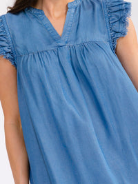 WOMEN'S RUFFLE SLEEVE V-NECK FRONT POCKETS CHAMBRAY MINI DRESS