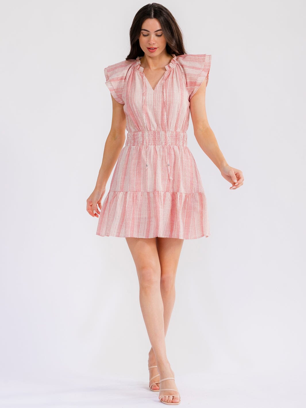 WOMEN'S RUFFLE SLEEVE V-NECK FRONT POCKETS ELASTIC WAIST STRIPES MINI DRESS