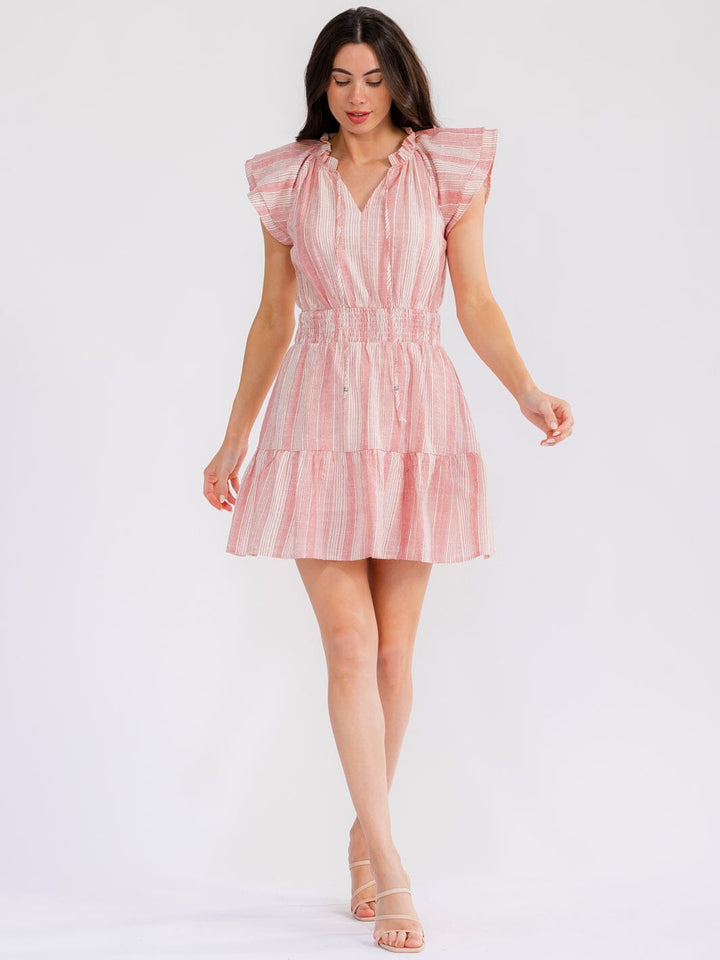 WOMEN'S RUFFLE SLEEVE V-NECK FRONT POCKETS ELASTIC WAIST STRIPES MINI DRESS