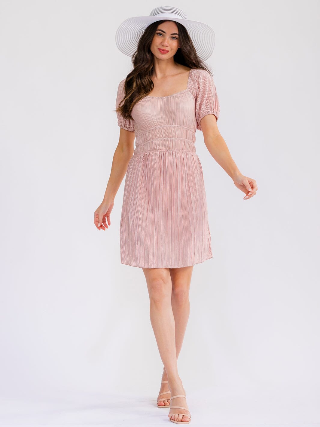 WOMEN'S SHORT SLEEVE ELASTIC WAIST SHIMMER MINI DRESS