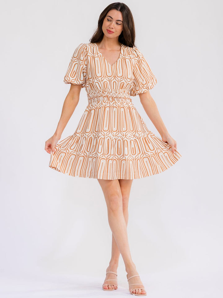 WOMEN'S SHORT SLEEVE V-NECK ELASTIC WAIST FRONT POCKETS MINI DRESS