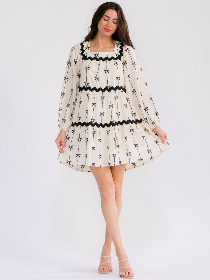 WOMEN'S LONG SLEEVE SQUARE NECK BOWS PRINT TIERED TUNIC MINI DRESS
