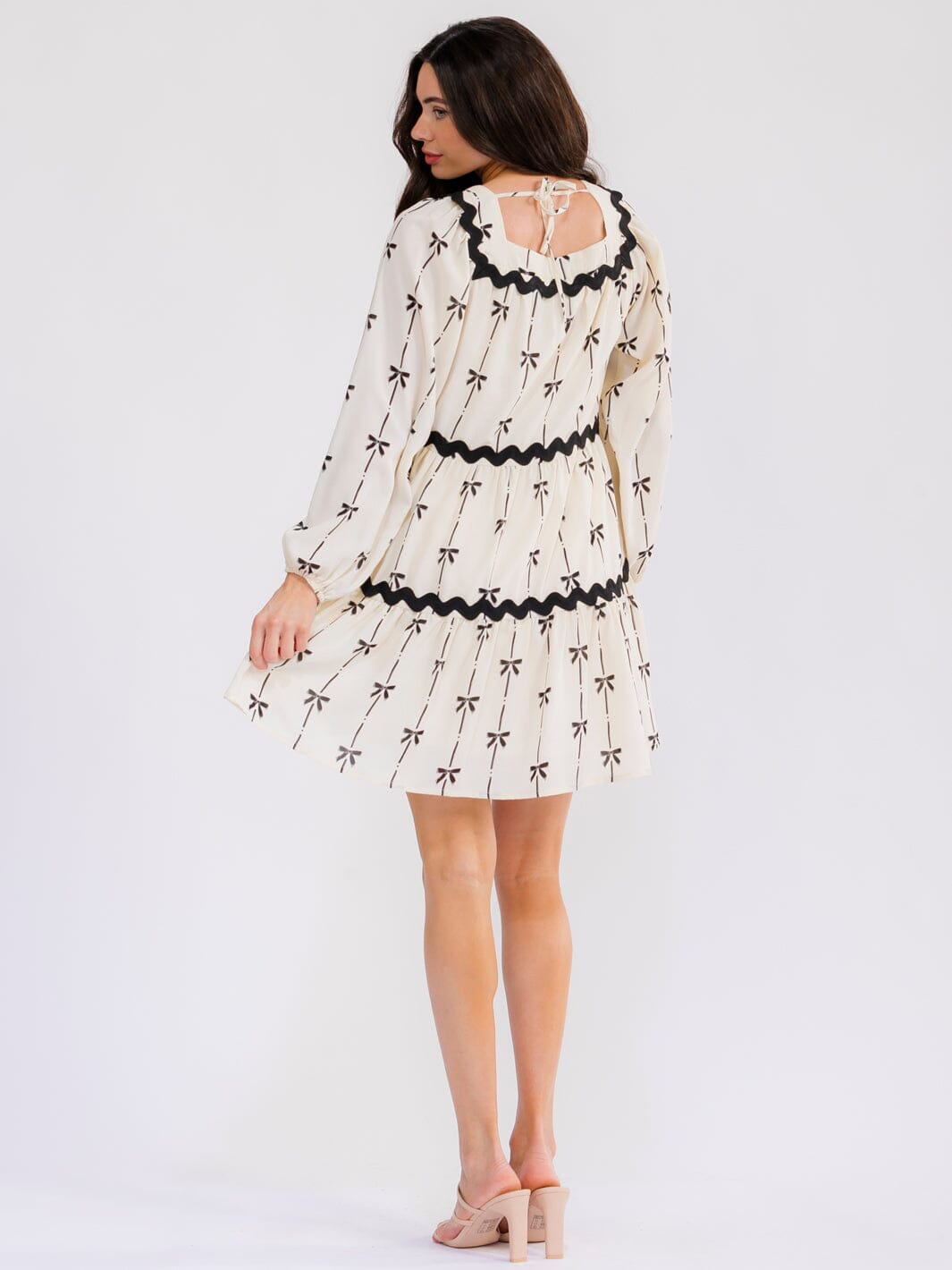 WOMEN'S LONG SLEEVE SQUARE NECK BOWS PRINT TIERED TUNIC MINI DRESS
