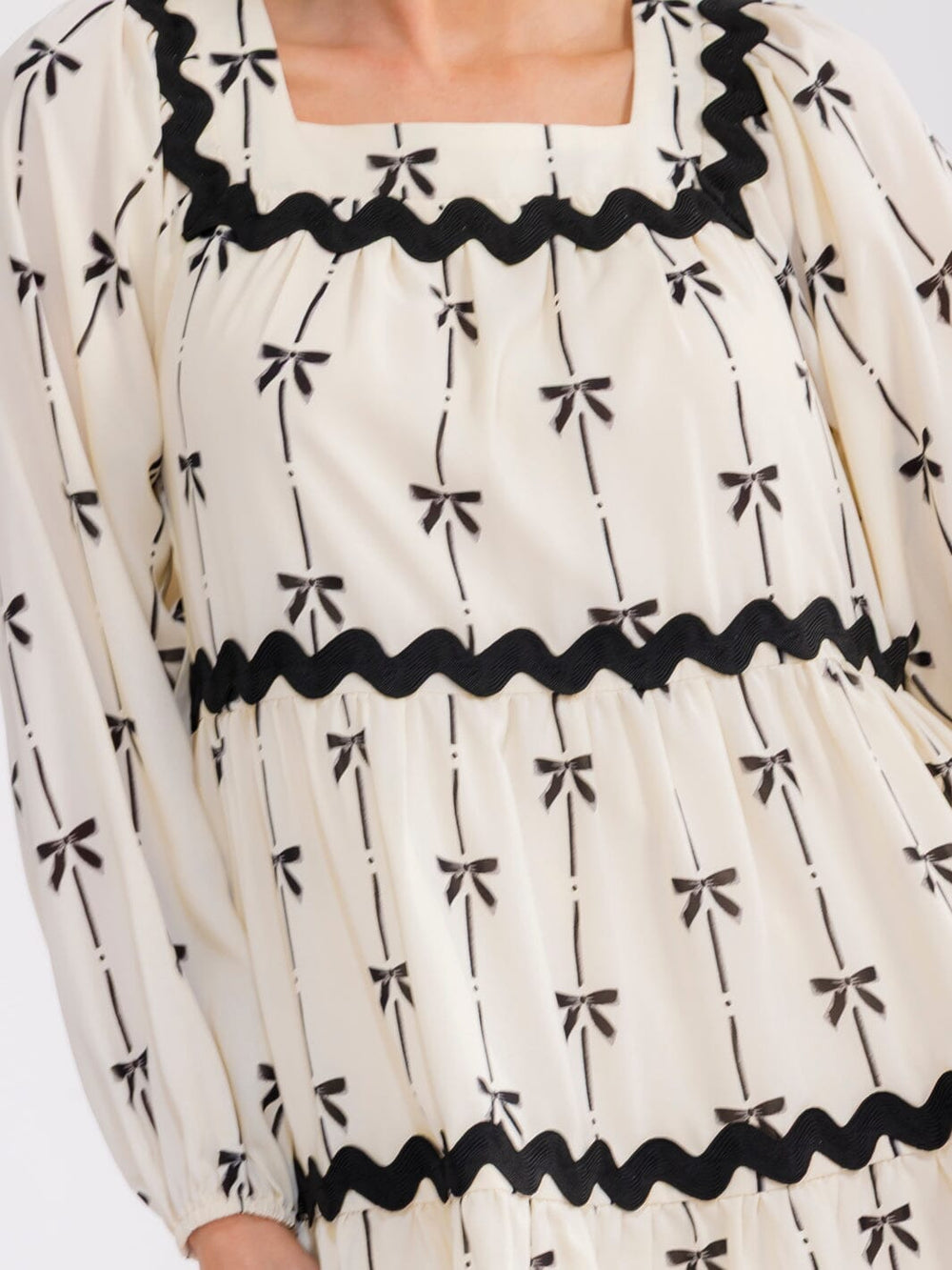 WOMEN'S LONG SLEEVE SQUARE NECK BOWS PRINT TIERED TUNIC MINI DRESS