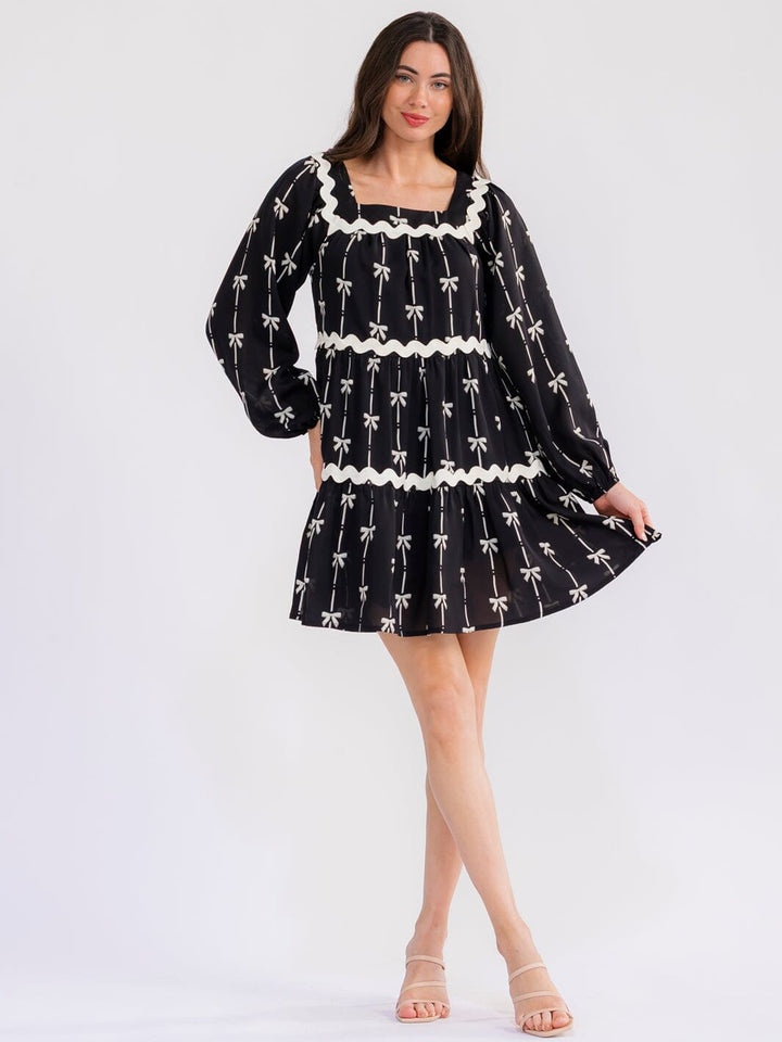 WOMEN'S LONG SLEEVE SQUARE NECK BOWS PRINT TIERED TUNIC MINI DRESS