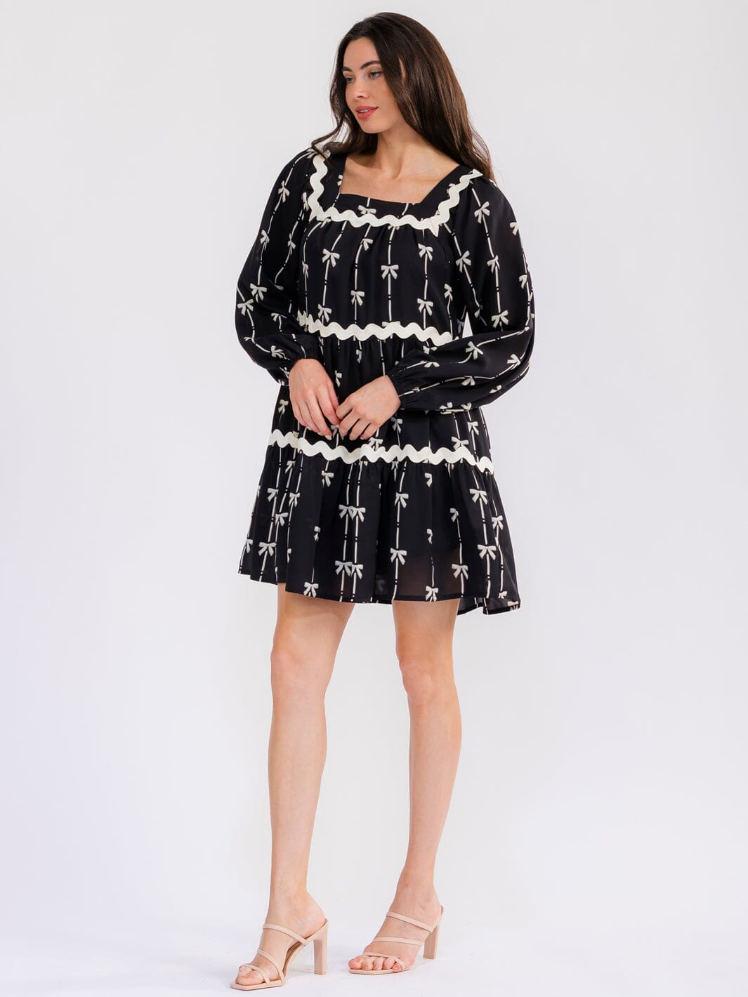WOMEN'S LONG SLEEVE SQUARE NECK BOWS PRINT TIERED TUNIC MINI DRESS