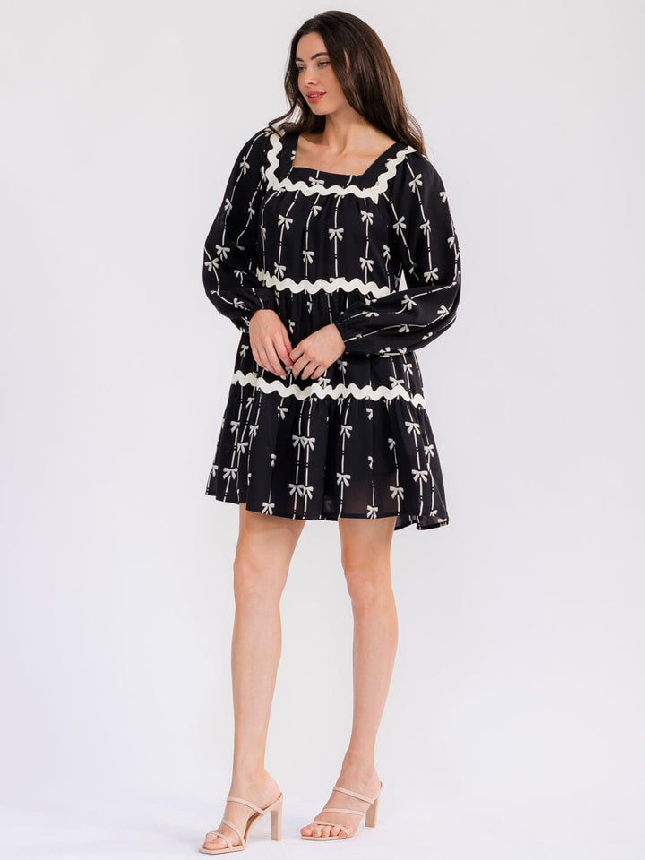 WOMEN'S LONG SLEEVE SQUARE NECK BOWS PRINT TIERED TUNIC MINI DRESS