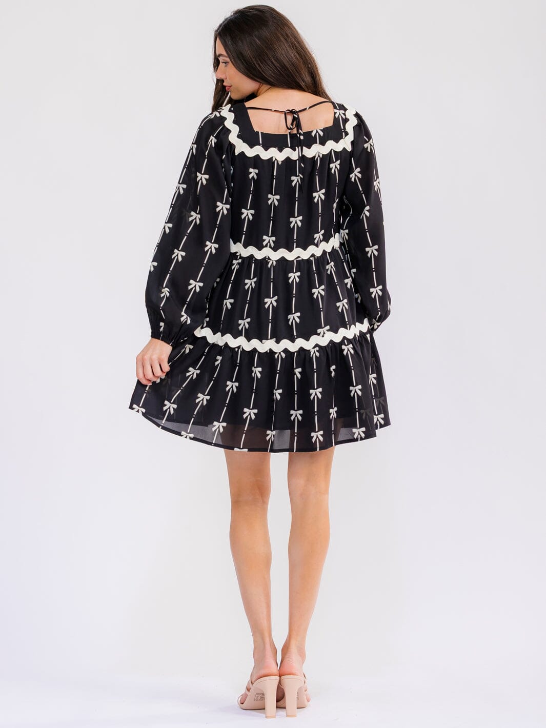WOMEN'S LONG SLEEVE SQUARE NECK BOWS PRINT TIERED TUNIC MINI DRESS